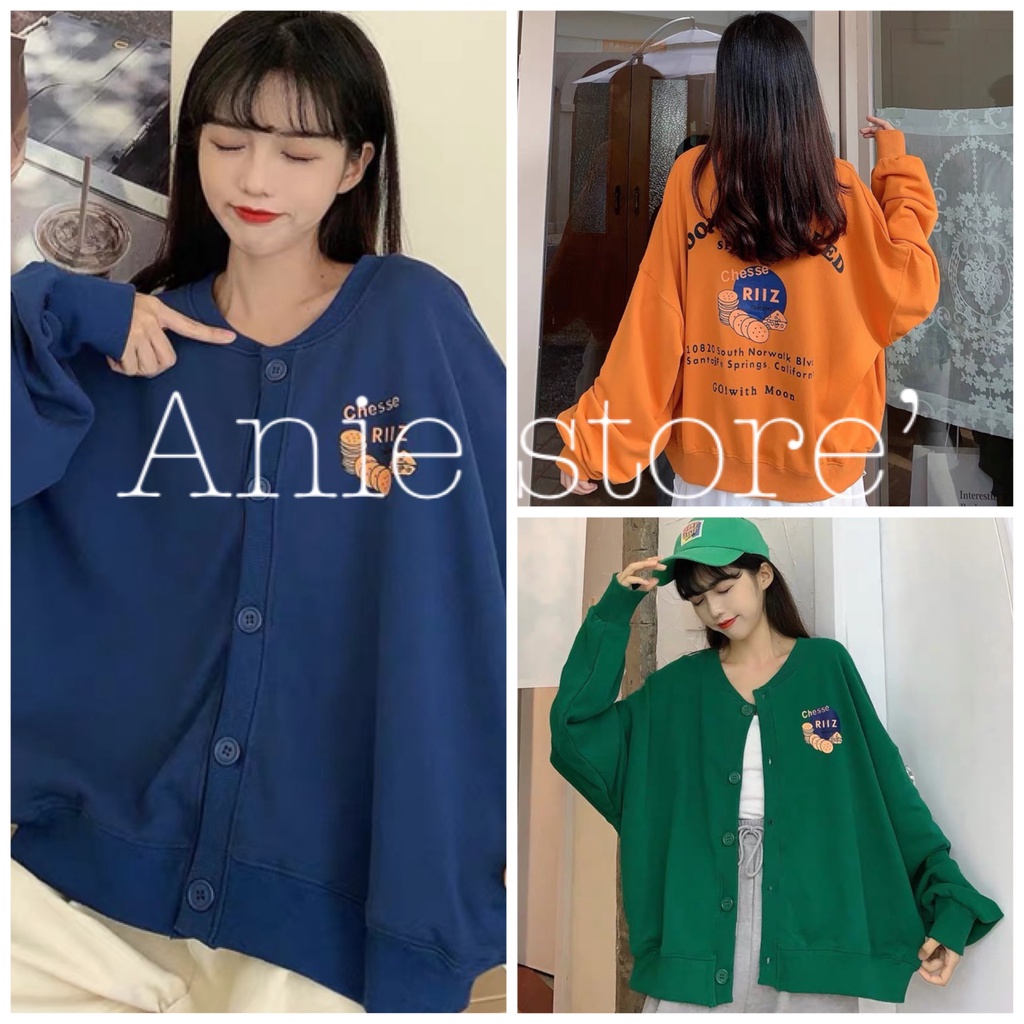 Áo Cardigan Nỉ RIIZ Cúc Cài Dáng Rộng 🦋 Áo Khoác Nữ Dáng Rộng Dài Tay In Hình 3 Màu 🦋