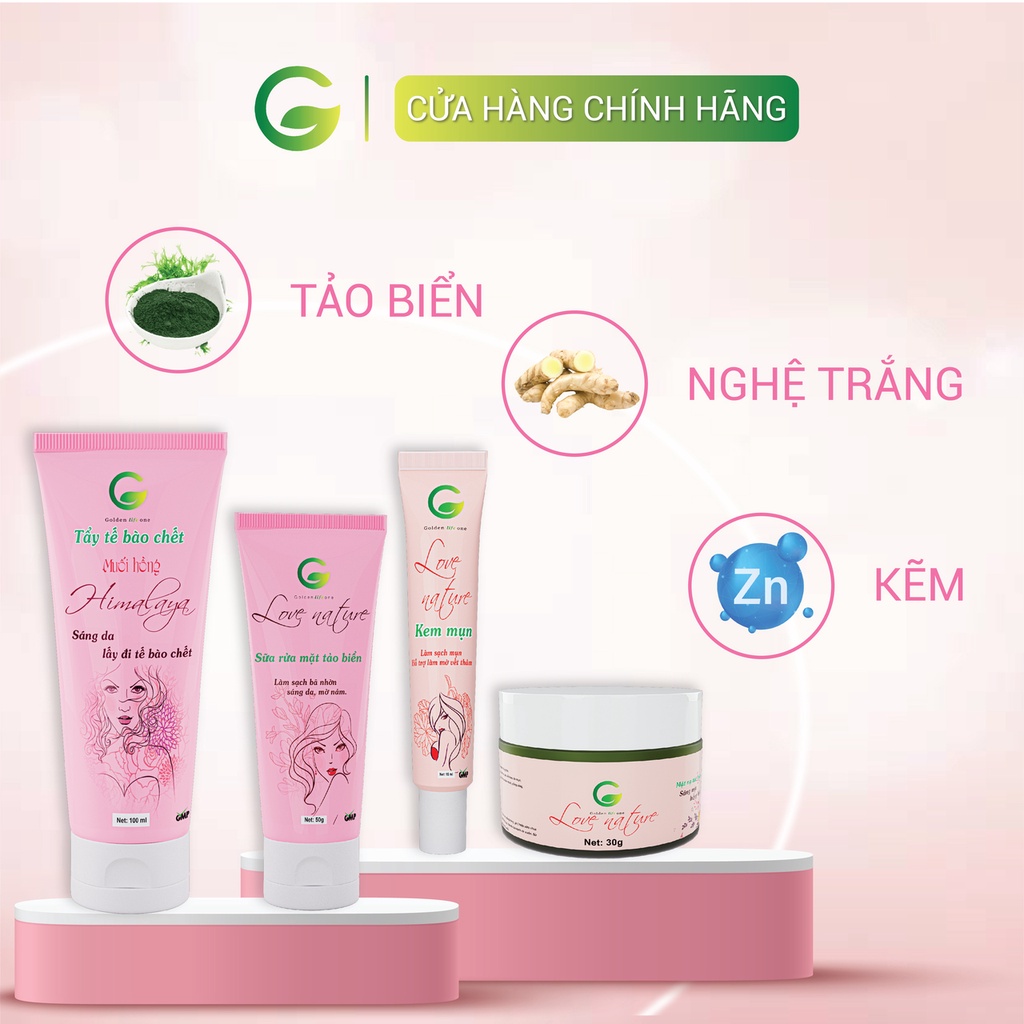 Combo giảm mụn ngừa thâm Love Nature gồm Tẩy tế bào chết, Sữa rửa mặt, Kem mụn, Mặt nạ tảo biển