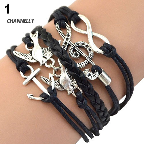 ☼ Clearence  Women Retro Infinity Skull Music Pigeon Faux Leather Charm Bracelet Bangle Cuff