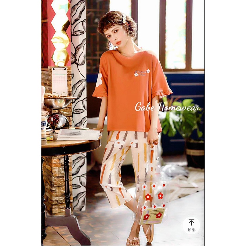 SÉT BỘ THUN MẶC NHÀ NGƯỜI LỚN ÁO CAM QUẦN SỌC CARO