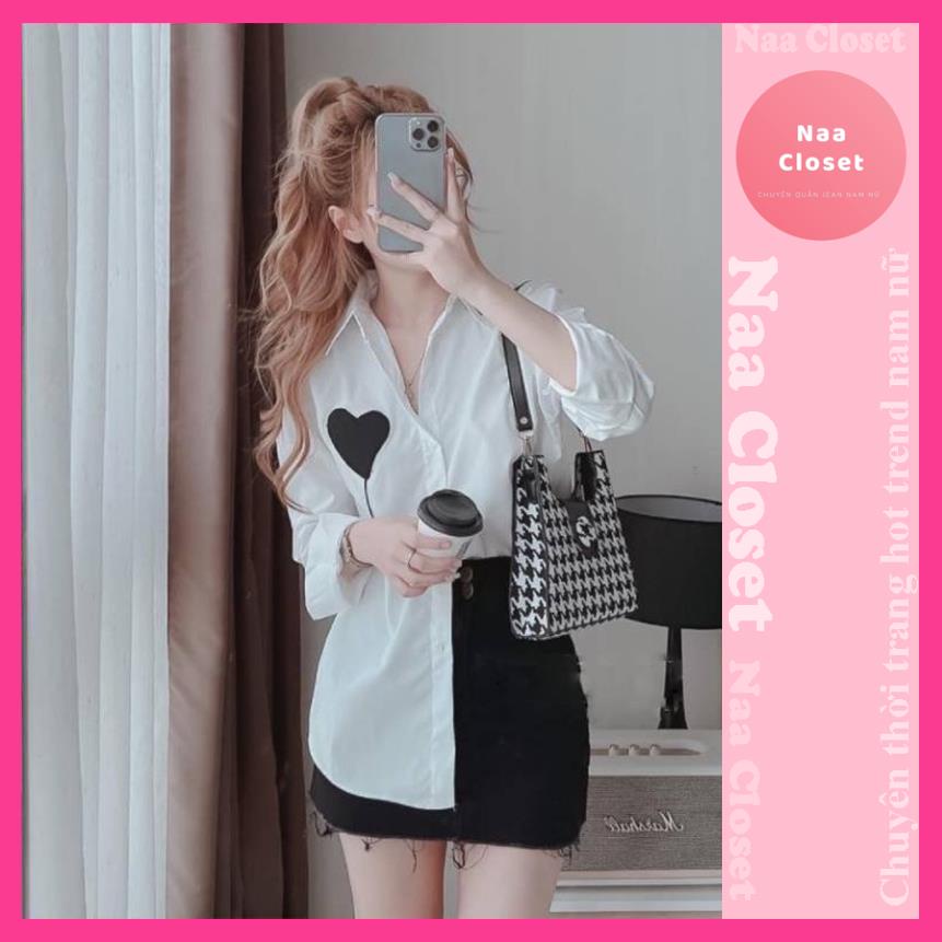 Áo sơ mi trắng nữ thêu trái tim phong cách Hàn Quốc áo sơ mi nữ đẹp Naacloset