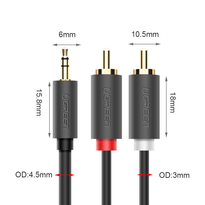 Dây cáp audio 3.5mm ra 2 đầu AV RCA bông sen OFC 4N gold 24K  0.5 mét đến 10 mét Ugreen AV102