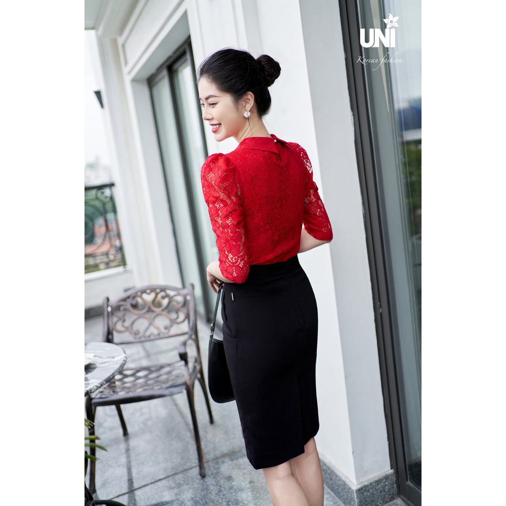 Áo Sơ Mi Ren Nữ Công Sở UNIVTH Cách Điệu Tay Lỡ Đính Hoa Sang Trọng 4AB0648D Uni Korean Fashion
