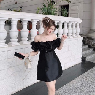 Đầm ôm body trễ vai phối bèo 🌵40-70KG🌵🌸 lụa satin 🌸 đen trắng cúp ngực đi biển dự tiệc cao cấp bigsize đính ngọc NILA