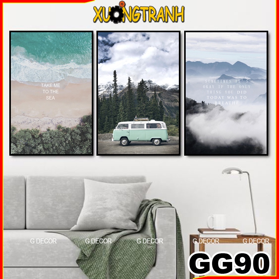 Tranh treo tường canvas 3 bức phong cách Bắc Âu 90, tranh phong cảnh trang trí phòng khách, phòng ngủ, phòng ăn, spa