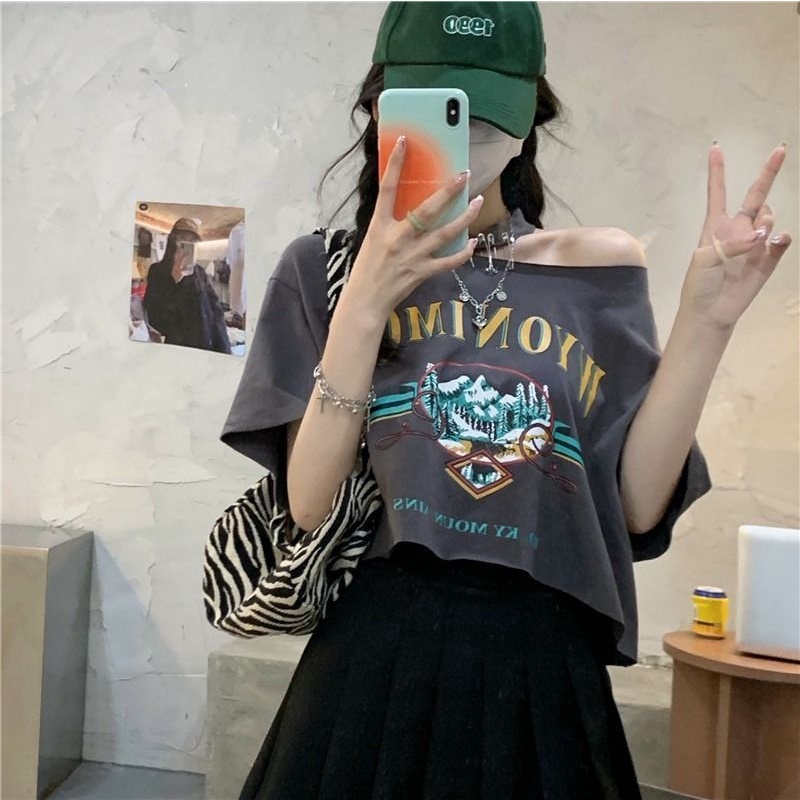 COZOK Áo Thun Croptop Tay Ngắn Trễ Vai Thiết Kế Sành Điệu