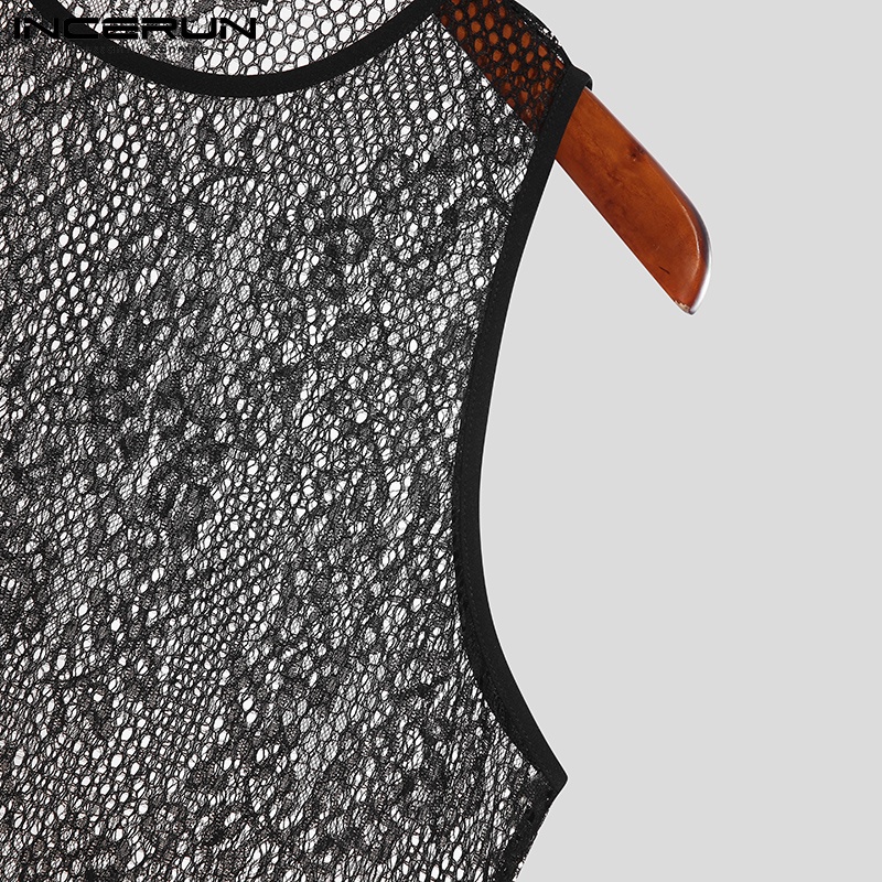 Áo 3 lỗ INCERUN kiểu lưới màu đen quyến rũ cho nam