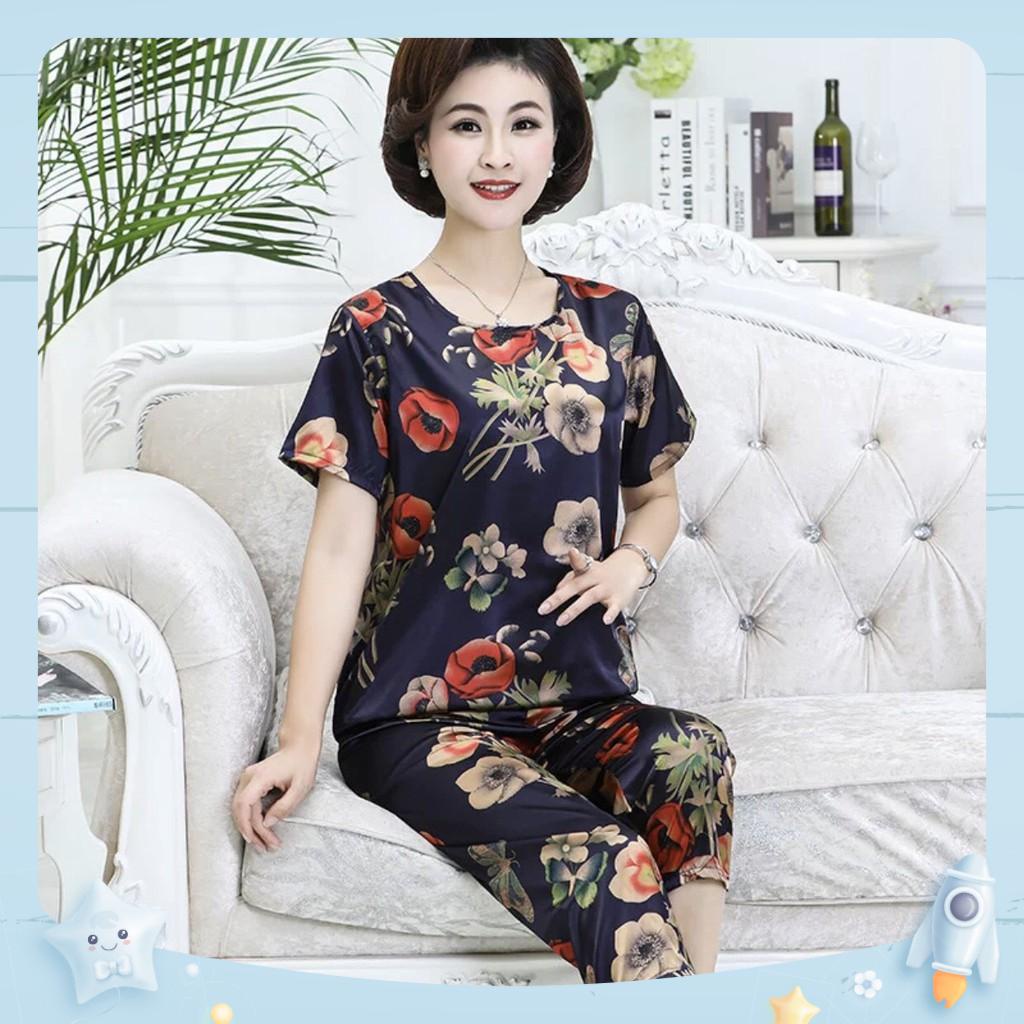 Đồ Bộ Trung Niên Cho Mẹ Quần Lửng Chất Vải Lụa Satin  Bộ Đồ Ngủ Lửng Dành Cho Mẹ Độ Tuổi Trung Niên