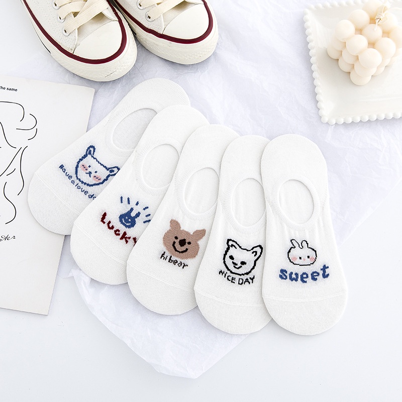 Tất vớ nữ lười nửa bàn chân hoạ tiết gấu thỏ trắng phong cách Hàn Quốc dễ thương