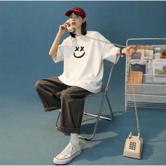 Áo thun unisex tay lỡ form rộng , áo phông nam nữ form rộng chất cotton mát mịn thấm hút mồ hôi in hình mặt cười DH005
