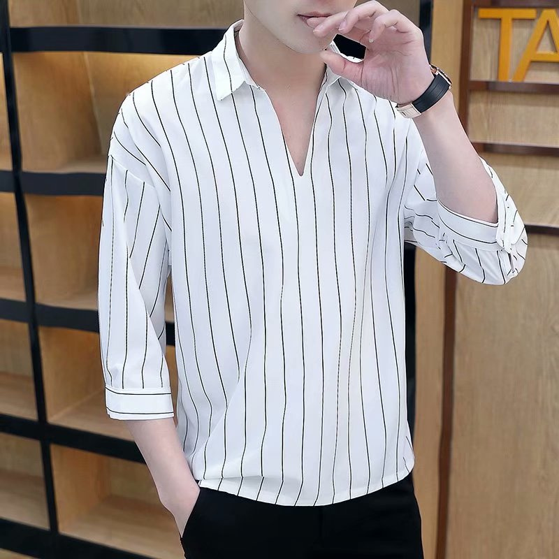 Áo sơ mi tay lửng họa tiết kẻ sọc trắng đen phong cách Hàn Quốc size S-3XL