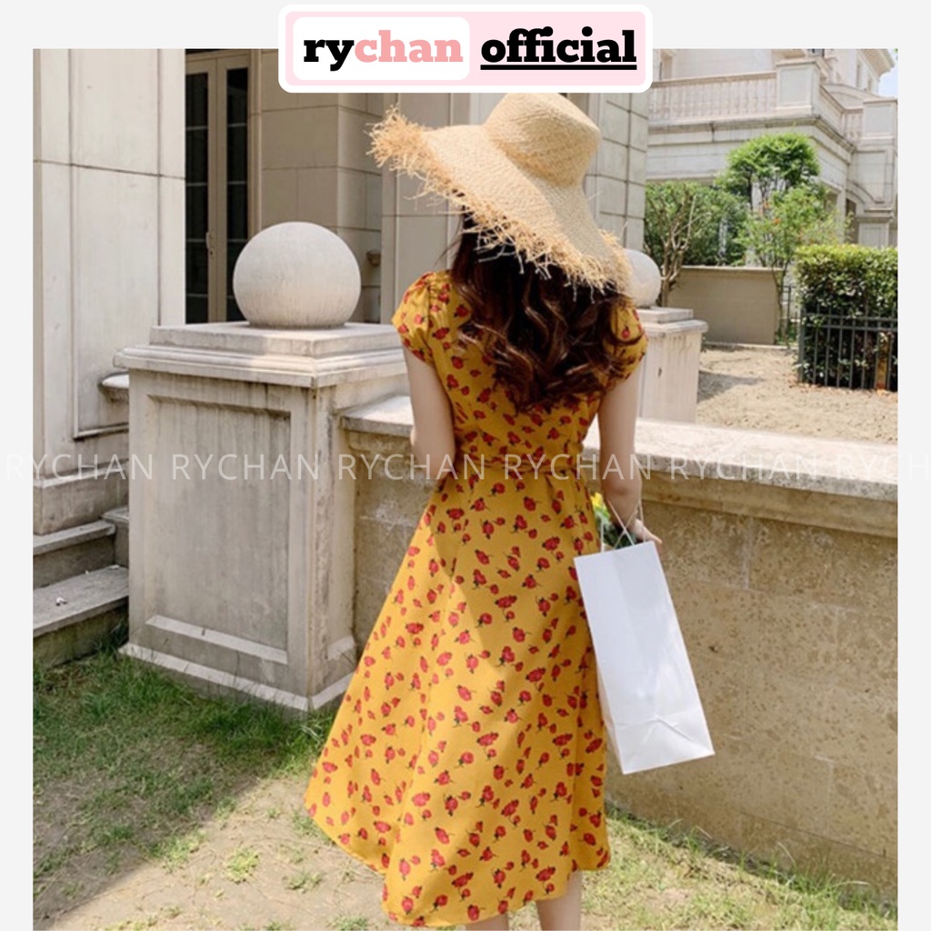 Đầm Dạo Biển Họa Tiết Hoa Đỏ Xinh Xắn Cổ V Thanh Lịch, Váy Tay Ngắn Form Xòe Thắt Eo Năng Động [ẢNH THẬT CUỐI] - DX9760