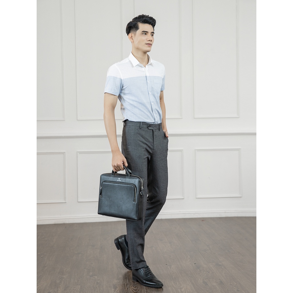 Áo Sơ Mi Nam Ngắn Tay ARISTINO ASS125S1 Somi Công Sở Cao Cấp Màu Trắng Kẻ Xám Dáng Suông Tà Bằng Có Túi Vải Polyester