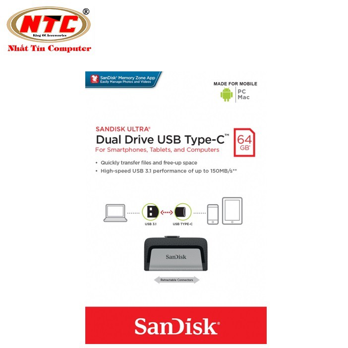 USB OTG Sandisk Ultra Dual Type-C 3.1 64GB 150MB/s (Bạc)