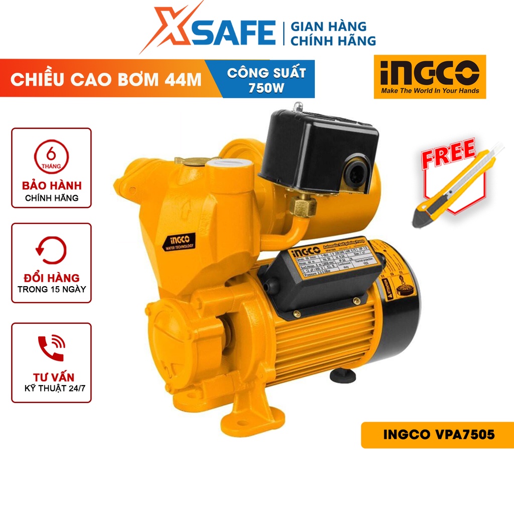 Máy bơm nước INGCO VPA7505 Máy bơm tăng áp công suất 750W(1.0HP), chiều cao bơm 44m, mô tơ dây đồng