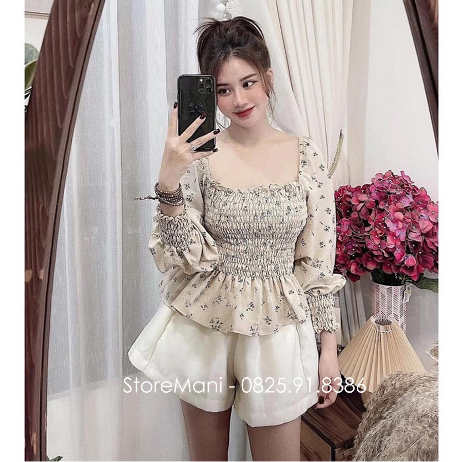 Áo kiểu nữ cổ vuông nhún ngực dài tay bo chun kiểu áo sơ mi nữ hàn quốc dài tay hoa nhí mặc đi học chơi làm công sở đẹp | BigBuy360 - bigbuy360.vn