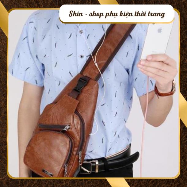 Túi Đeo Chéo Nam Da PU 3 màu phong cách Hàn Quốc, tiện dụng tích hợp cổng tai nghe - Shin Shop - Túi đeo chéo