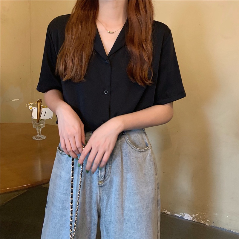 Áo sơ mi nữ tay ngắn màu đen - taobao có sẵn