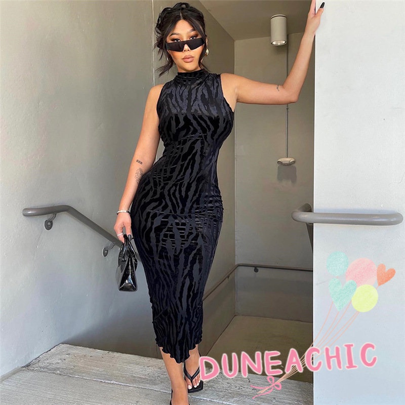 DUNEA Đầm không tay dáng ôm hoạ tiết in thiết kế ôm sát hợp thời trang
