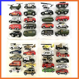 Hộp 10 xe ô tô đồ chơi cứu hỏa, cảnh sát, quân sự, máy bay, xe tăng cho các bé trai
