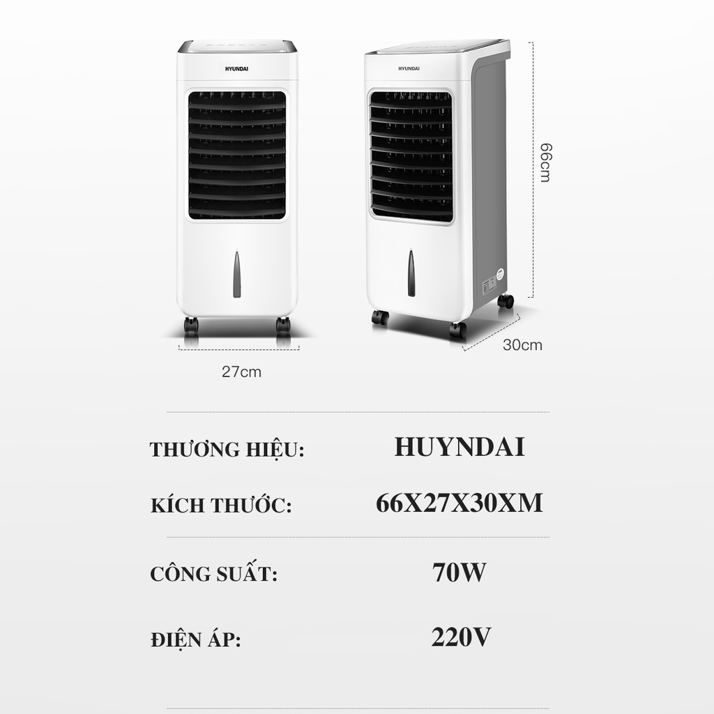 Quạt điều hòa hơi nước điều khiển từ xa Hyundai cao cấp, công suất 80W, thể tích bình nước 6L,an toàn cho hệ hô hấp \