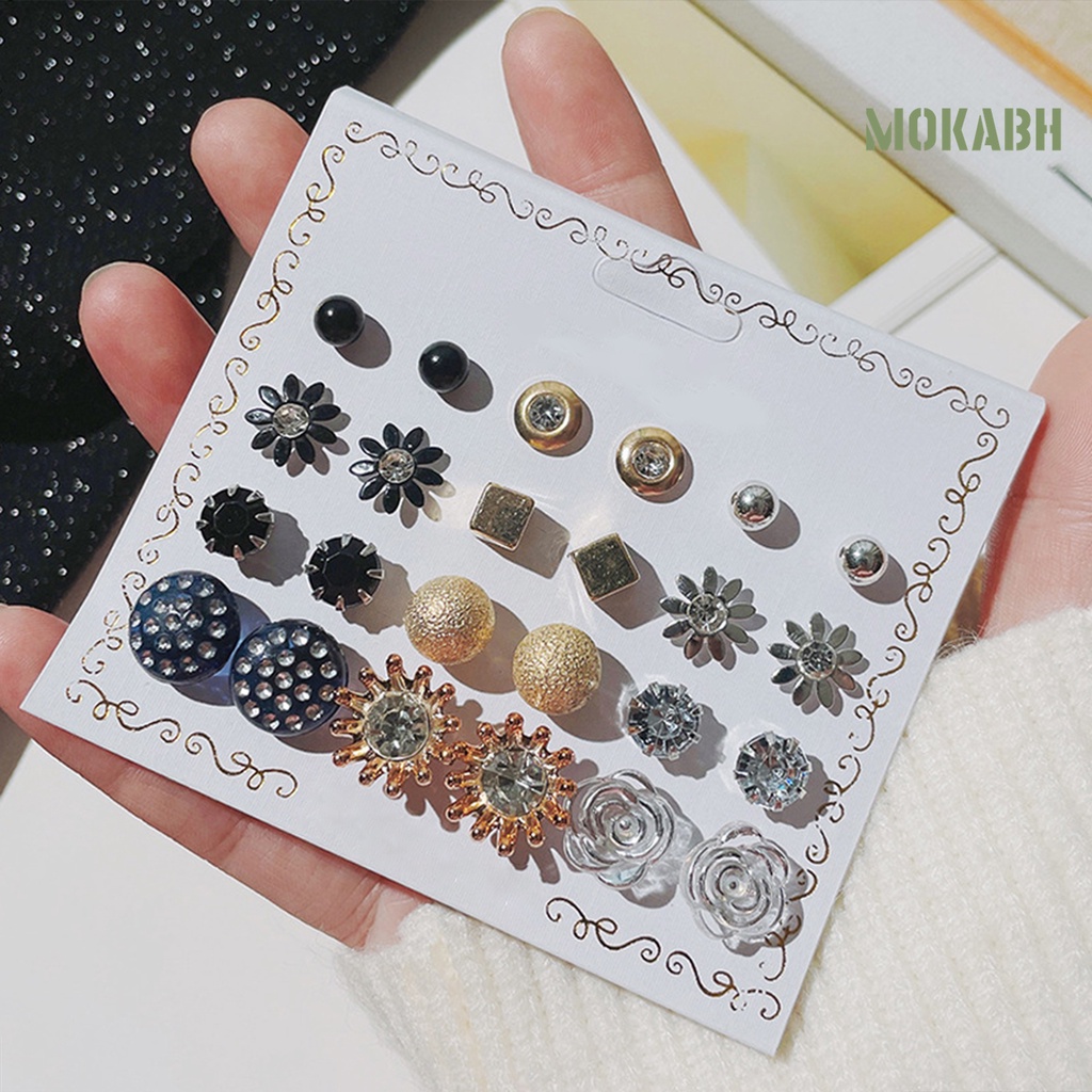 Set 12 Đôi Bông Tai Xỏ Hạt Ngọc Trai Giả Phong Cách Hàn Quốc