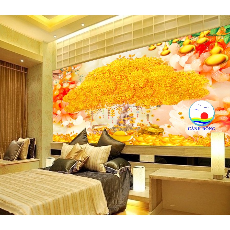 Decal dán tường cây kim tiền bầu hồ lô cành đào tiên phong thủy rước lộc tài phú quý sang trọng in theo size yêu cầu