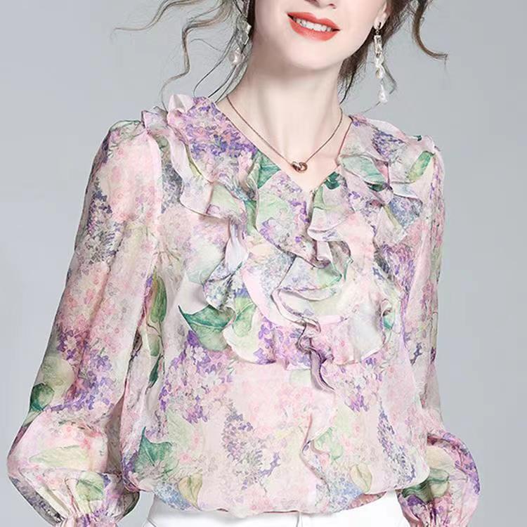 Áo Kiểu Vải Chiffon Cổ V Tay Dài In Hoa Thời Trang Cao Cấp Dành Cho Nữ