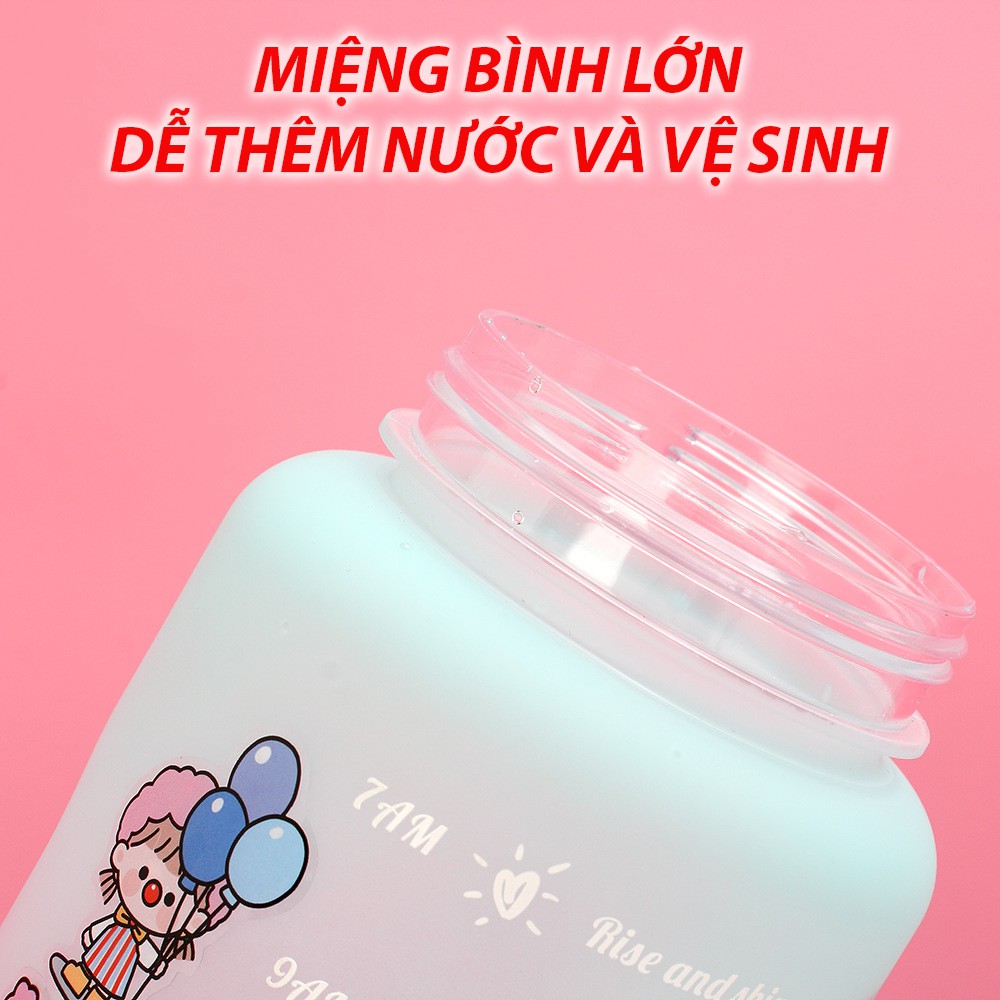 Bình nước cute 2 lít nhựa có ống hút, bình đựng nước dễ thương có vạch báo giờ uống nước