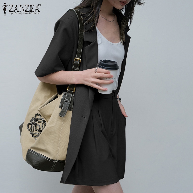 Set đồ thời trang công sở ZANZEA gồm áo tay ngắn + quần short lưng thun có khóa kéo màu trơn cho nữ