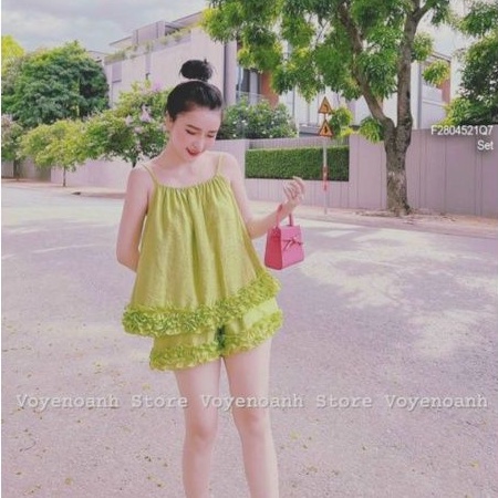 Sét bộ ngủ áo Yếm quần bèo vải Đũi Nhăn Cao cấp