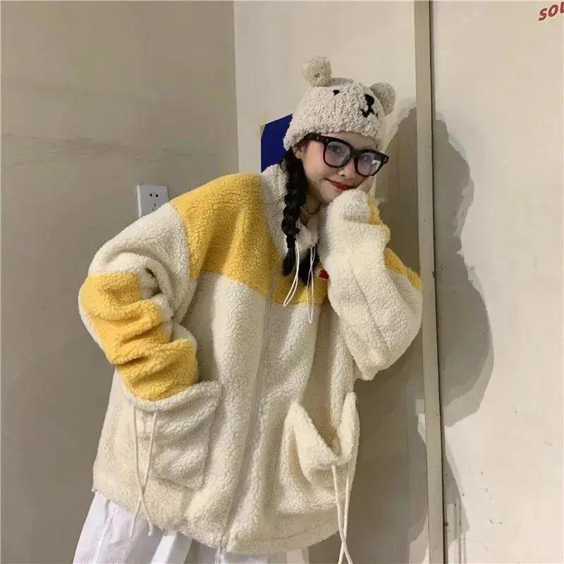 Áo khoác dáng rộng phối màu sắc thời trang phong cách Harajuku cho nữ