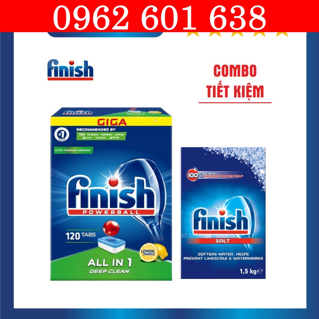 Combo viên rửa bát Finish All in One 120 viên + Muối Finish 1,5kg làm mềm nước cho máy rửa chén