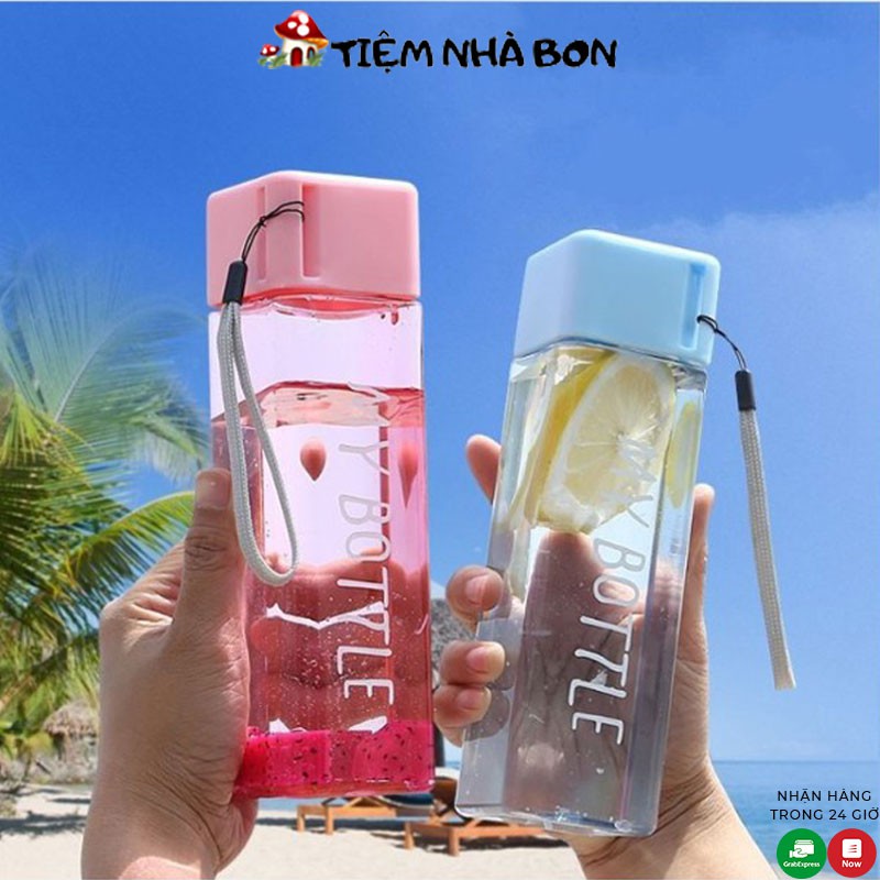 Bình nước nhựa vuông MY BOTTLE dễ thương, Bình nước thể thao hình vuông có dây cầm