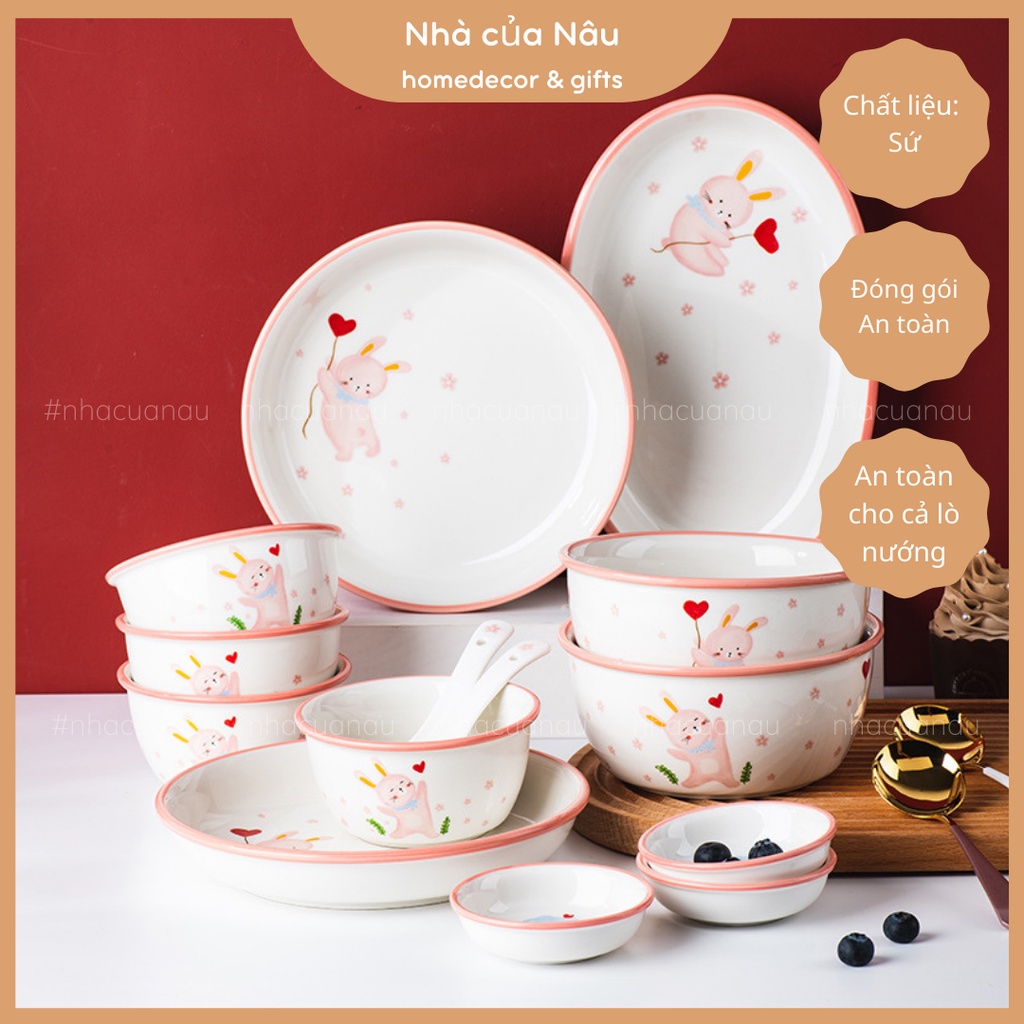 Chén bát đĩa sứ họa tiết Thỏ hồng dễ thương làm quà tặng bạn yêu màu hồng, chén bát cho bé ăn dặm an toàn cho lò vi sóng
