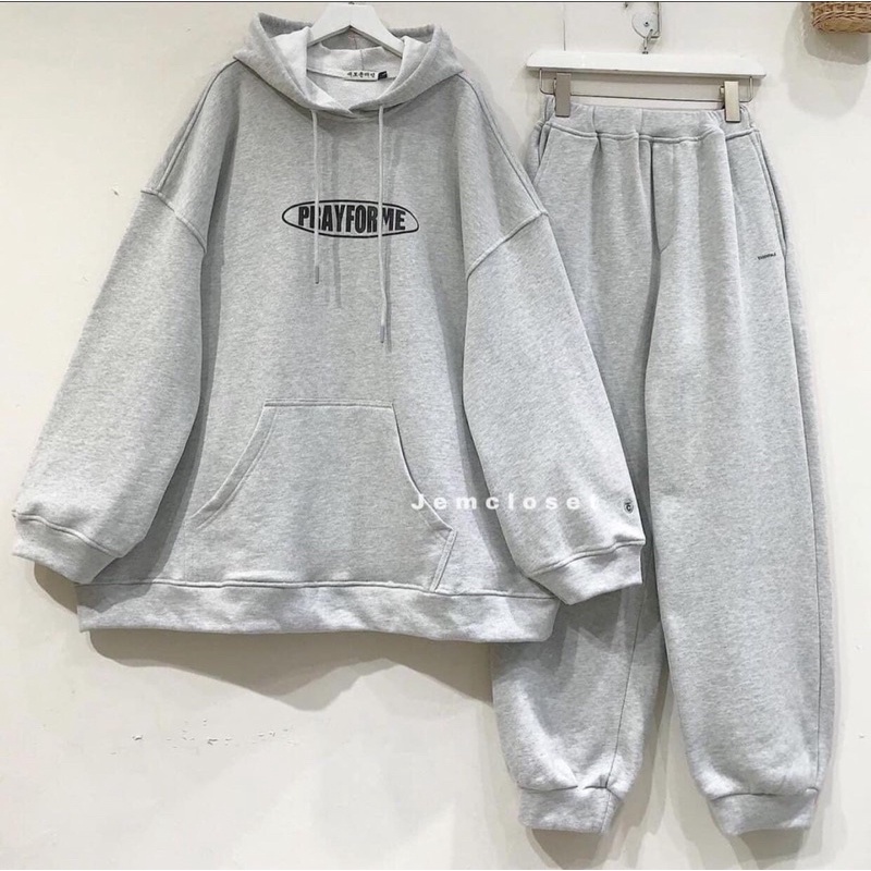 Sét bộ nỉ áo hoodie PRAY tay bồng from thụng kèm quần bom ống rộng dáng thể thao đủ màu