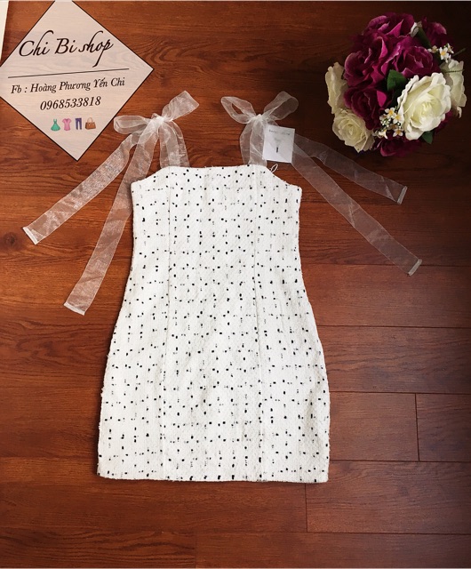 Váy dạ tweed 2 dây buộc nơ