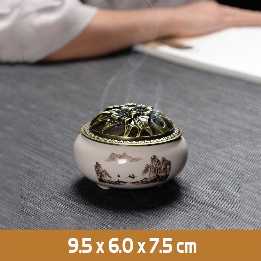 Lư xông trầm lư hương đỉnh đốt nhang gốm sứ nhiều họa tiết tặng 1 nụ trầm