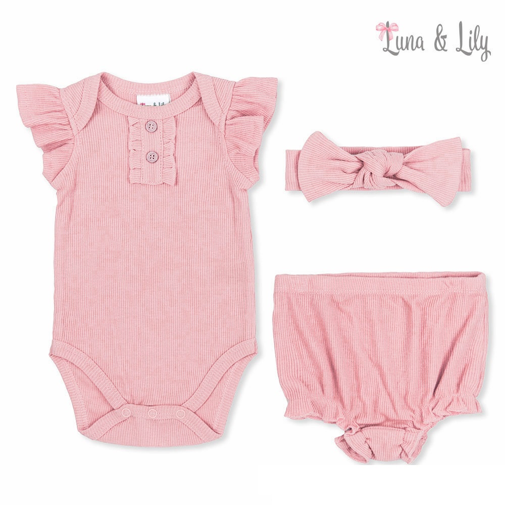 Bộ 3 món bodysuit bộ liền thân, quần đùi và băng đô vải thun gân co giãn màu hồng Mother’s Choice – kèm móc IT3563