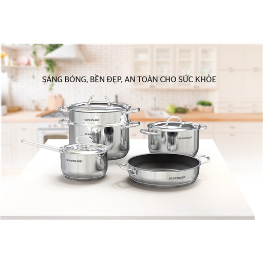 Bộ nồi chảo inox 5 đáy Sunhouse SHG995 set 5 món, nồi chảo từ đa năng dùng được cho bếp từ