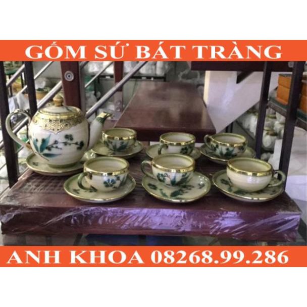 Ấm chén bọc đồng vẽ cỏ chuồn Bát Tràng - Gốm sứ Bát Tràng Anh Khoa