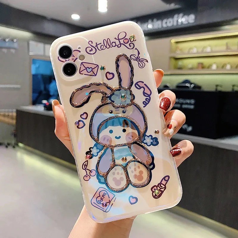 Ốp điện thoại nhựa in Hello Kitty đính kim cương xanh dương cho iPhone se/7/7p/8/8p/x/xs/xs max/xr/11/12/mini/promax