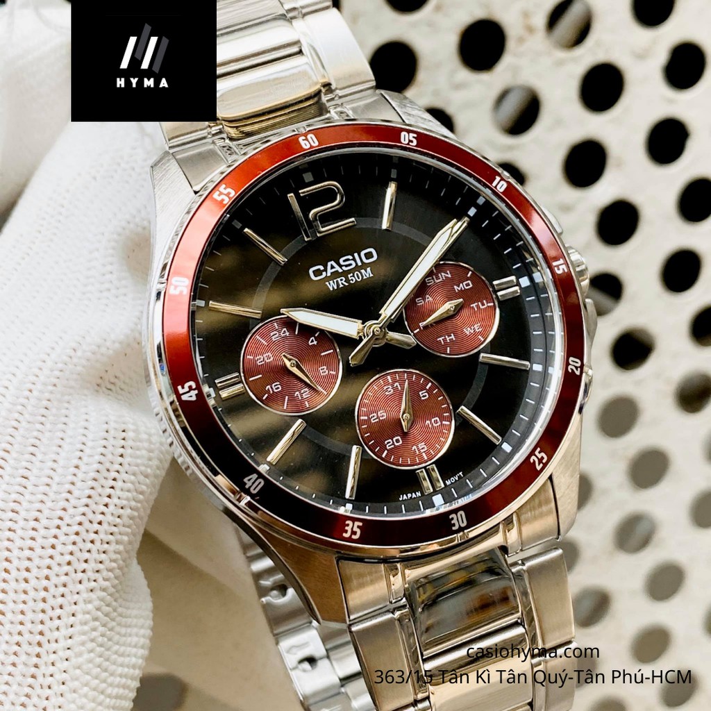 Đồng hồ nam dây thép viềng đỏ Casio MTP 1374D-5AV Size 42mm chống nước 5ATM Bảo hành 1 năm Hyma watch