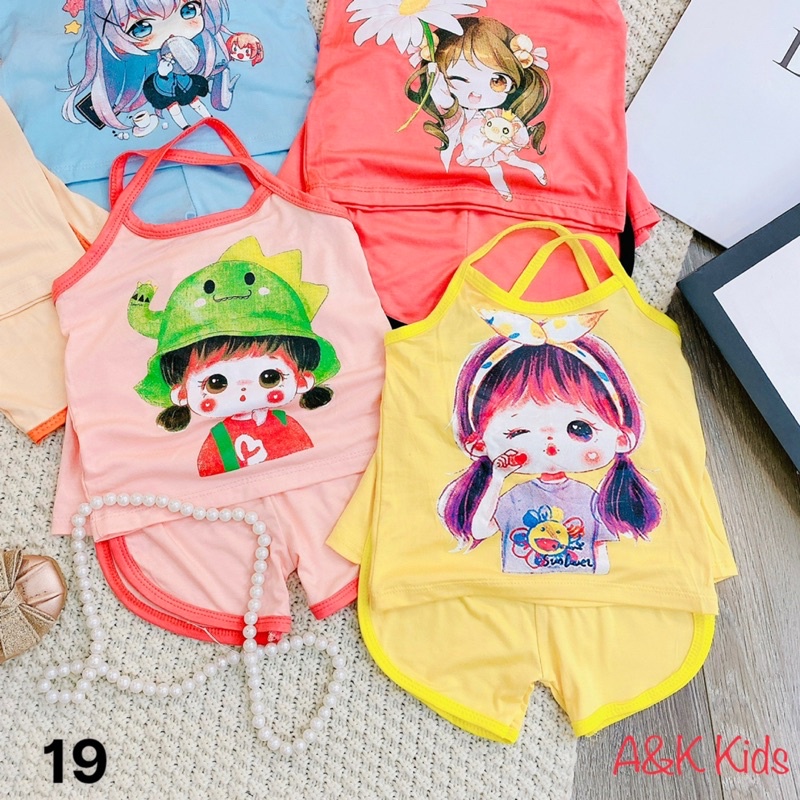 Bộ 2 dây thun lạnh minkymon có size đại cho bé gái, đồ bộ 2 dây thun lạnh mềm mát cho bé gái