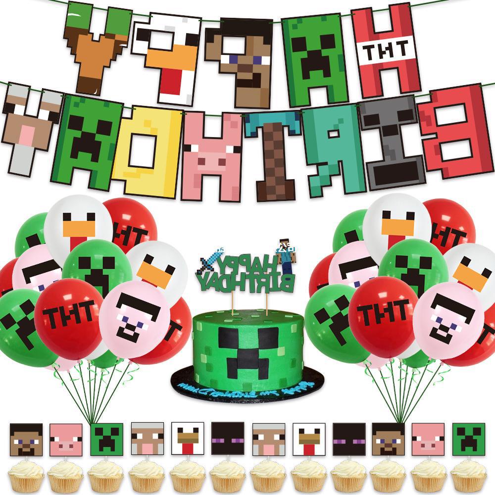 Bộ Bong Bóng Trang Trí Bánh Sinh Nhật Chủ Đề Minecraft My World Pixel