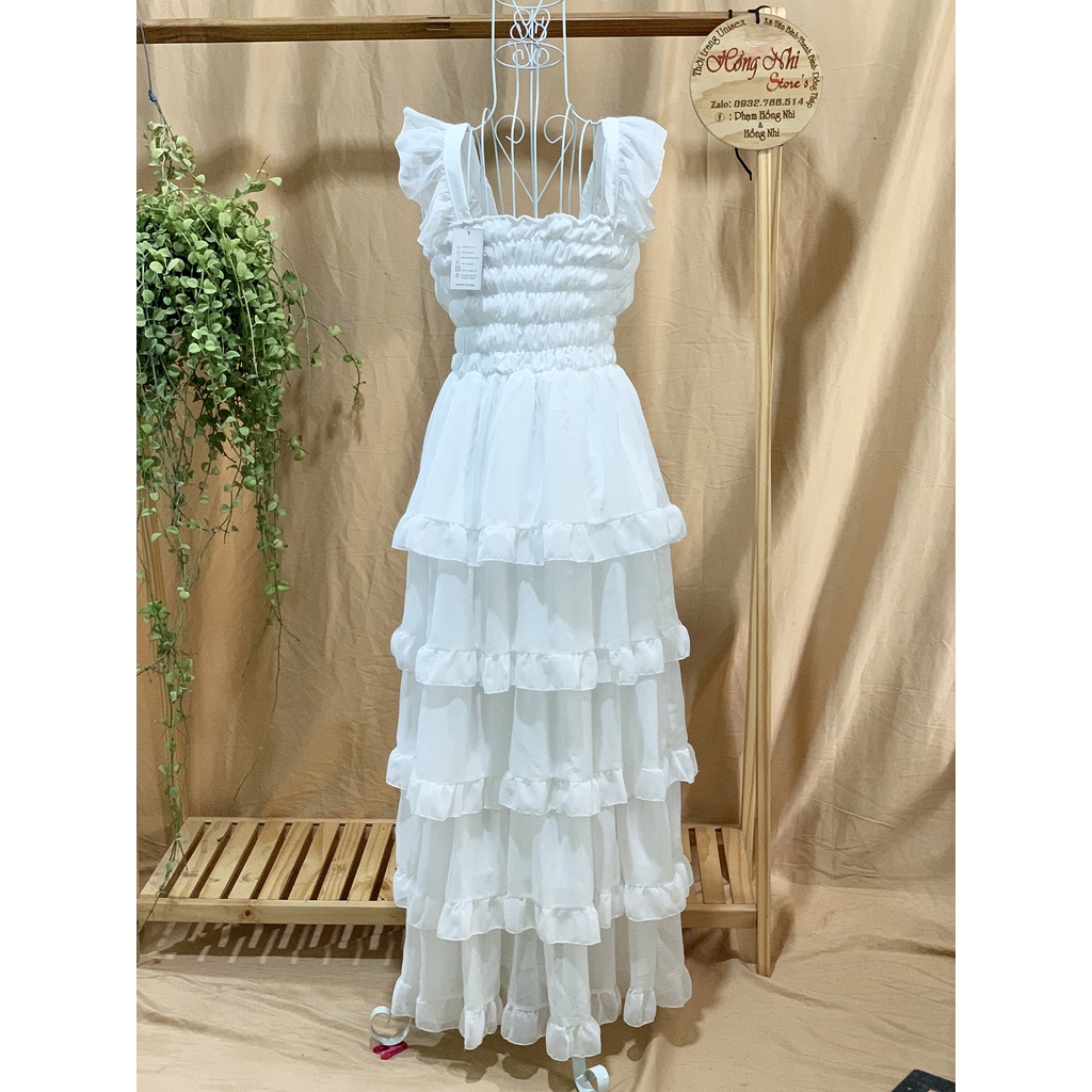 Đầm Maxi Xoè Trắng Tiểu Thư 2 Dây Trễ Vai Nhún Eo Đi Biển Siêu Sang Ulzzang