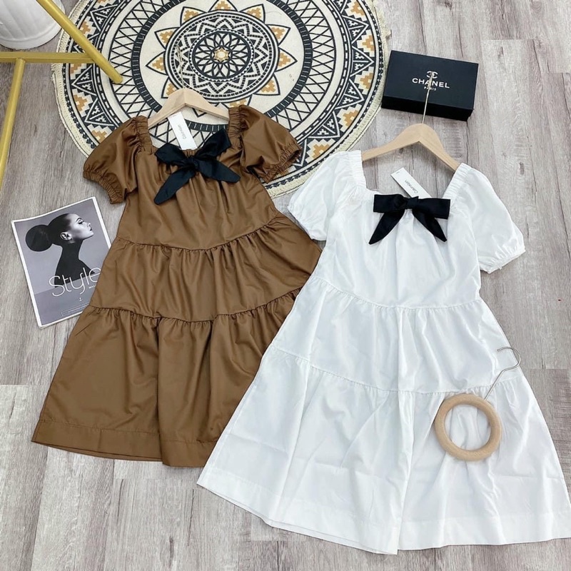 Đầm babydoll nữ -Váy trắng nữ xoè cổ vuông đính nơ chất thô mềm về đủ 2 màu