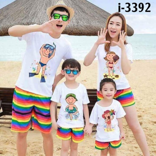 Set Đồng Phục Đi biển Gia Đình in hình hoạt hình dễ thương, cổ tròn, tay ngắn, from rộng, áo thun vải cotton đơn giản