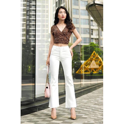 Quần ống loe cạp cao chất kaki giả bò dày dặn co giãn tốt mix đồ cực xinh