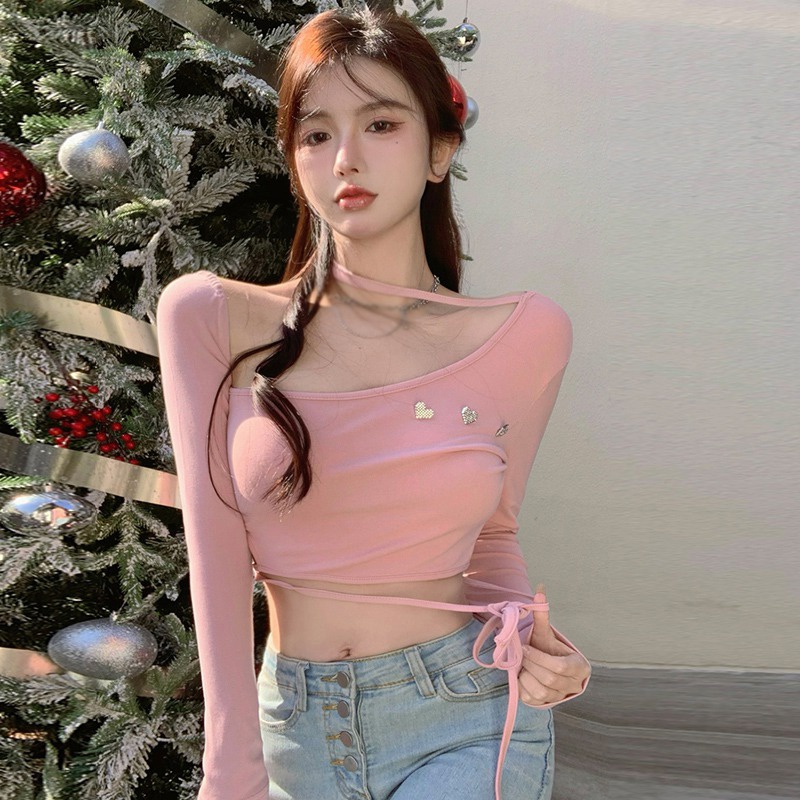 Áo Thun Croptop Tay Dài Màu Sắc Đơn Giản Thiết Kế Lệch Tà Quyến Rũ Thời Trang Cho Nữ